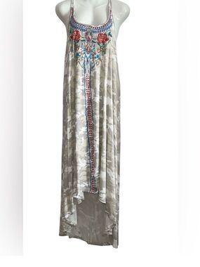 Embroidered Beige High-Low Maxi Dress with Floral Yoke